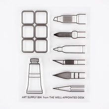 Load image into Gallery viewer, Art Supply Bin - Pens, Brushes, Markers, Paint- 3"x4" Clear Stamp Set (8 stamp designs)