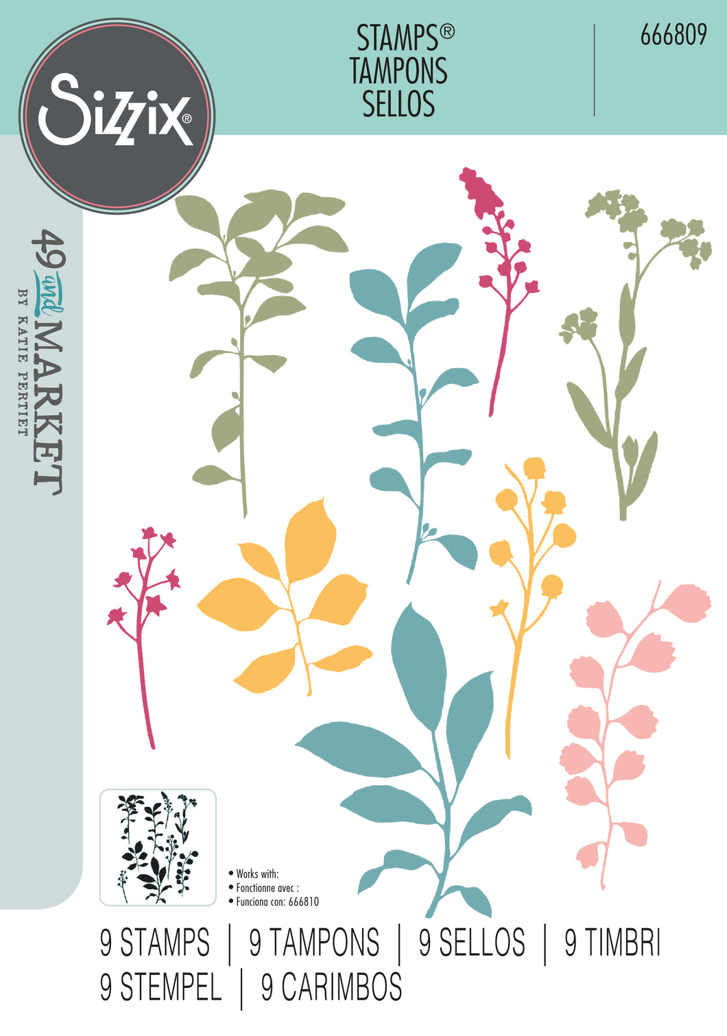 Sizzix by 49 and Market Clear Stamps Set 9PK - Fine Stems 01 (666809)
