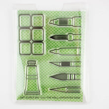Load image into Gallery viewer, Art Supply Bin - Pens, Brushes, Markers, Paint- 3"x4" Clear Stamp Set (8 stamp designs)
