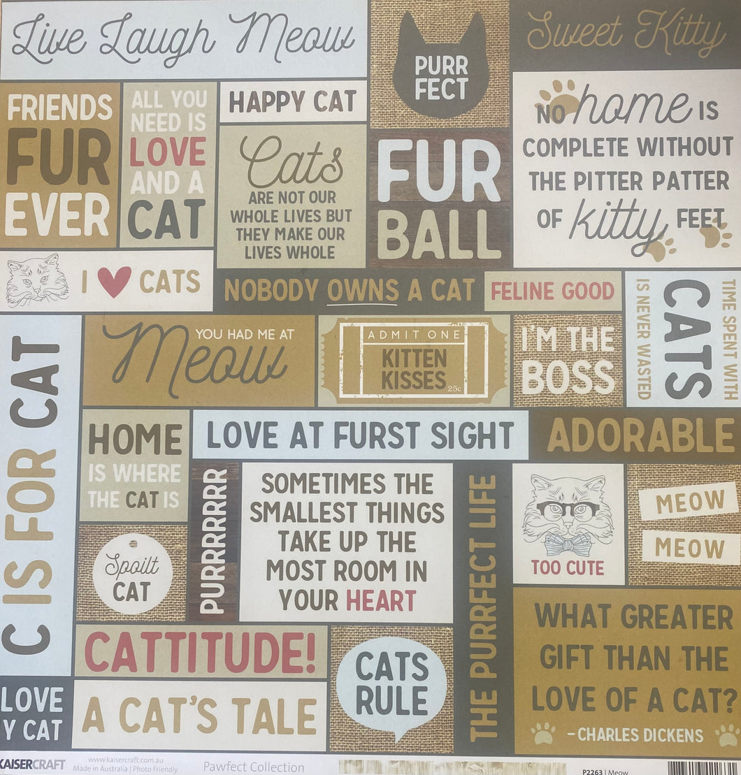 Kaisercraft Pawfect Collection 12x12 Scrapbook Paper Meow (P2263)