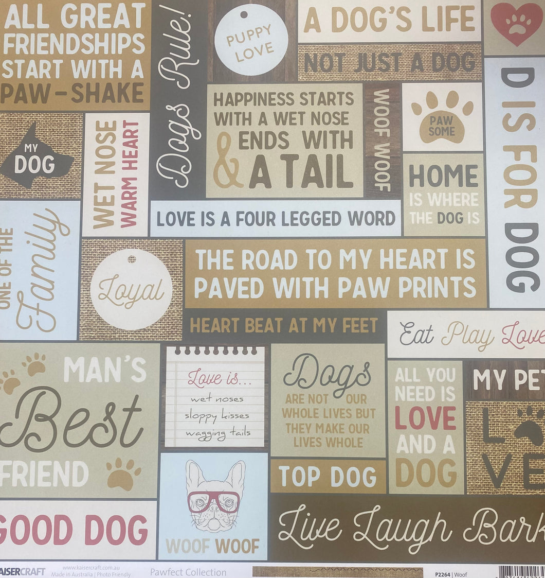 Kaisercraft Pawfect Collection 12x12 Scrapbook Paper Woof (P2264)