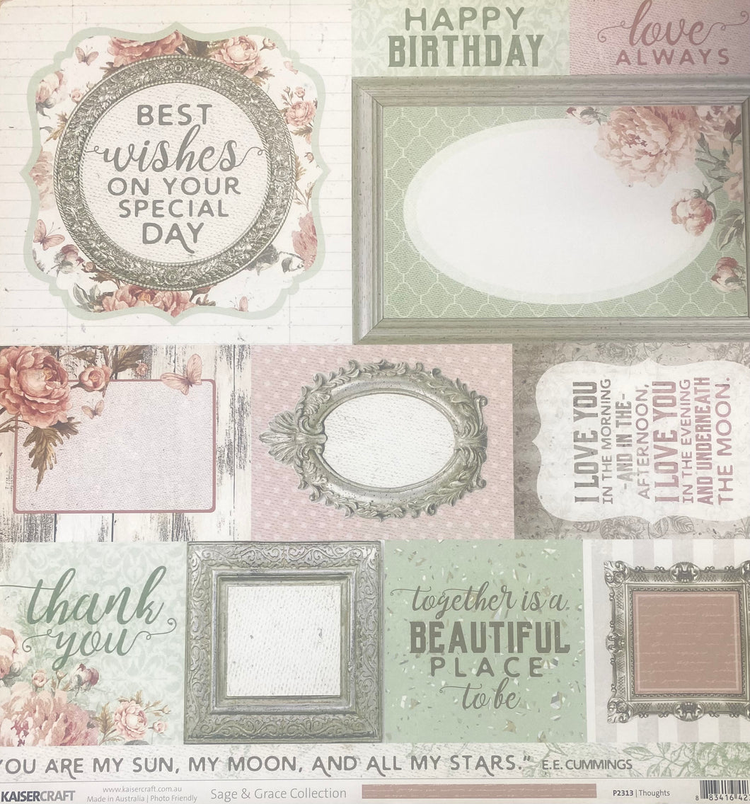 Kaisercraft Sage & Grace Collection 12x12 Scrapbook Paper Thoughts (P2313)