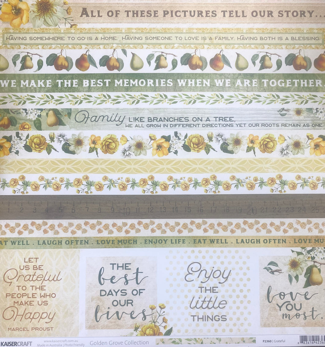 Kaisercraft Golden Grove Collection 12x12 Scrapbook Paper Grateful (P2360)