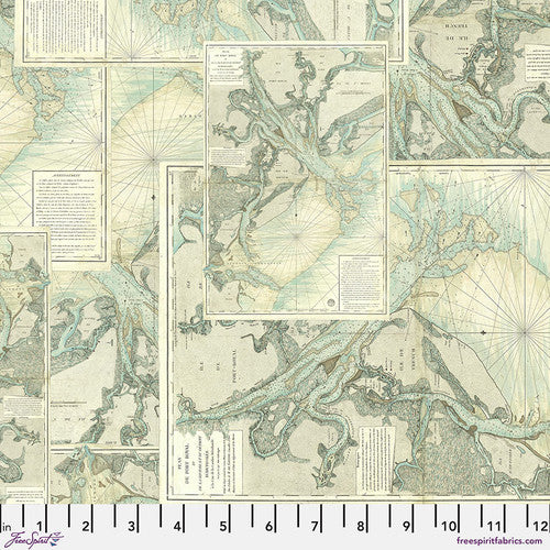 Tim Holtz Freespirit Fabric Teal Map (PWTH273.Teal)