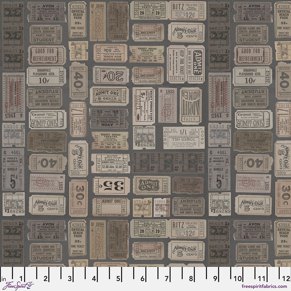 Tim Holtz Freespirit Fabric Charcoal Tickets  (PWTPWTH312.CHARCOAL)
