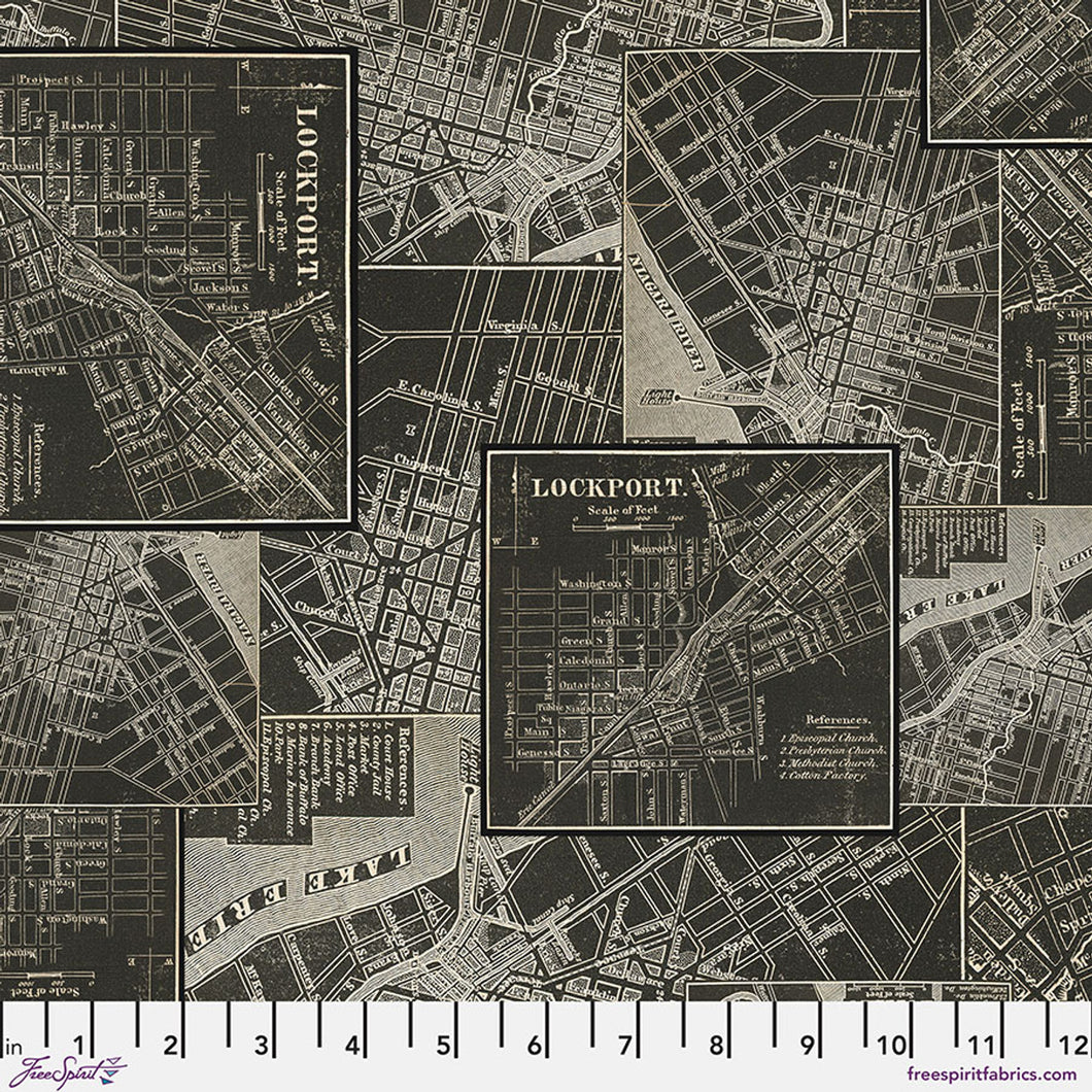 Tim Holtz Freespirit Fabric Charcoal Map (PWTH313.CHARCOAL)