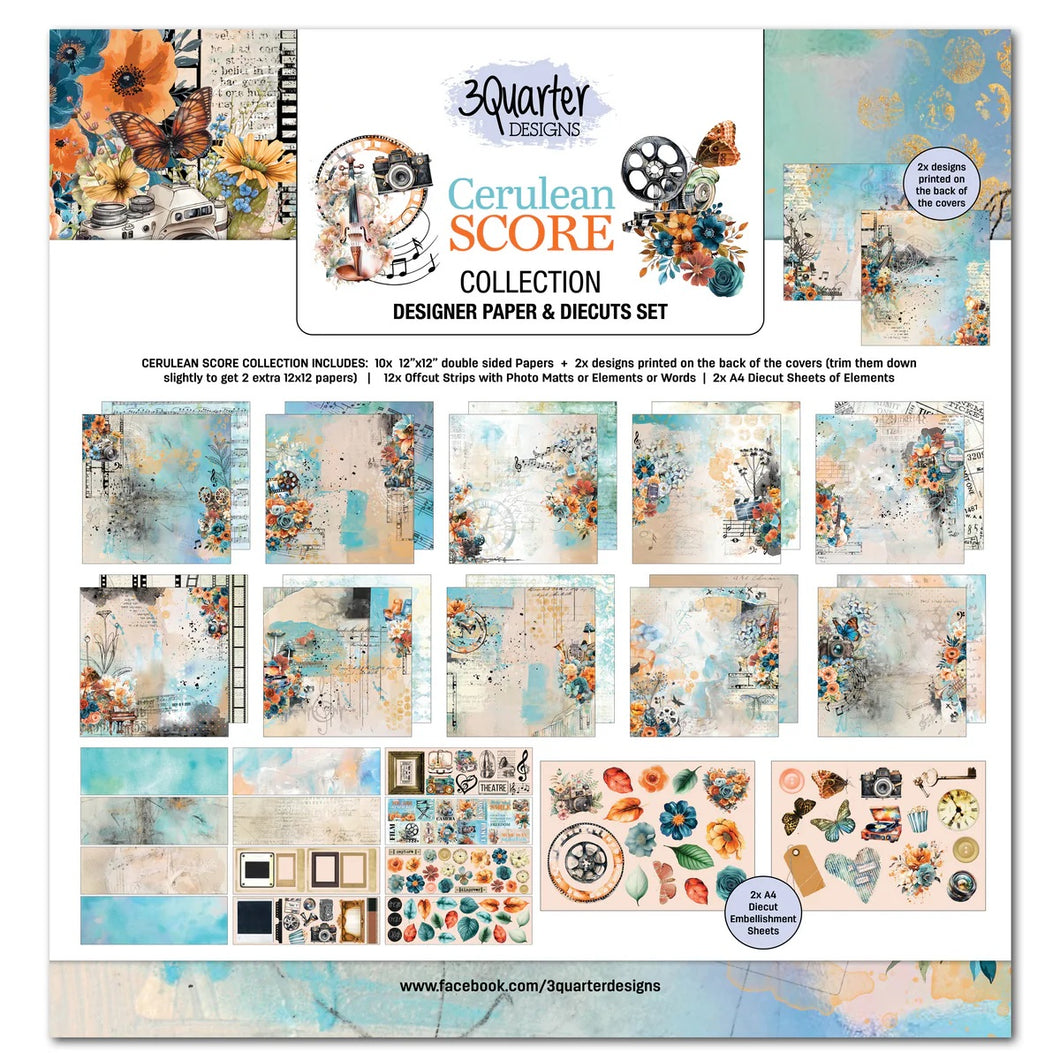 3Quarter Designs Cerulean Score 12x12 Design Paper & Diecuts Set (3Q-SC-CERULEANSCORE)