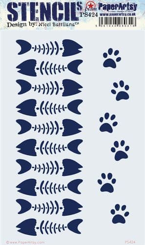 PaperArtsy Stencil Eclectica3 Paw Prints & Fish Bones designed by Nicci Dot (PS424)