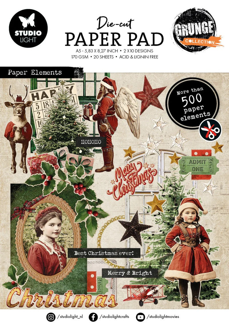 Studio Light Designer Paper Pad Paper Christmas Elements Grunge Collection 20 Sheets